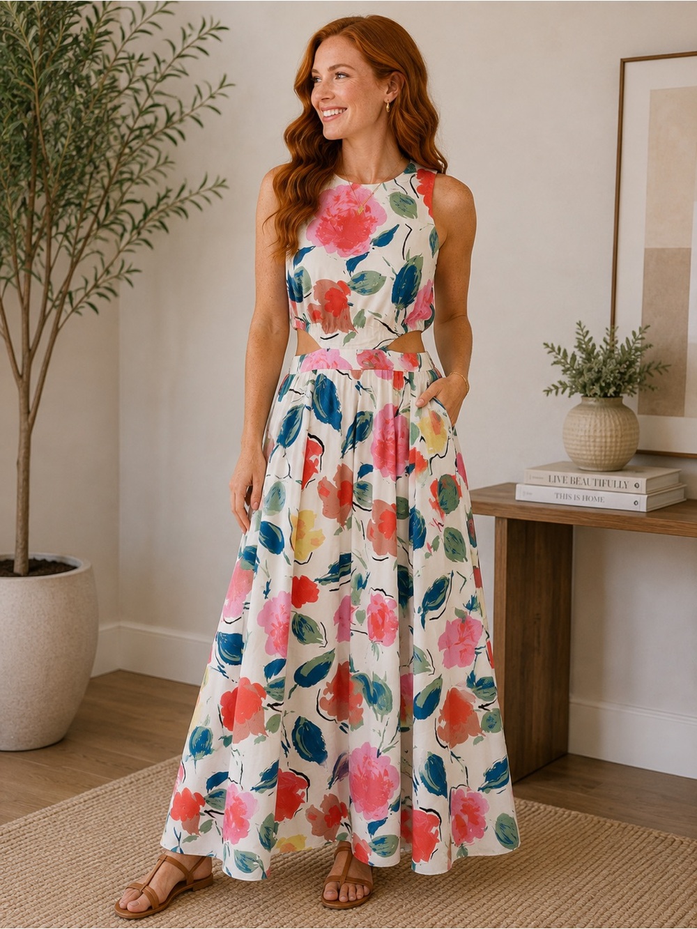 chic Floral Cutout Maxi Dress in White, Pink & Blue